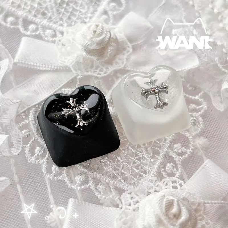 WANI Artisan Keycap 반투명 하트 모양의 실버 크로스 글리터 에폭시 수지(자기 축 기계식 키보드용)
