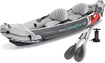Dakota K2 2 Person Vinyl Kayak and Accessory Kit with 86 Inch Oars Air Pump and Carry Bag for Lakes and Rivers,Gray and Red 2
