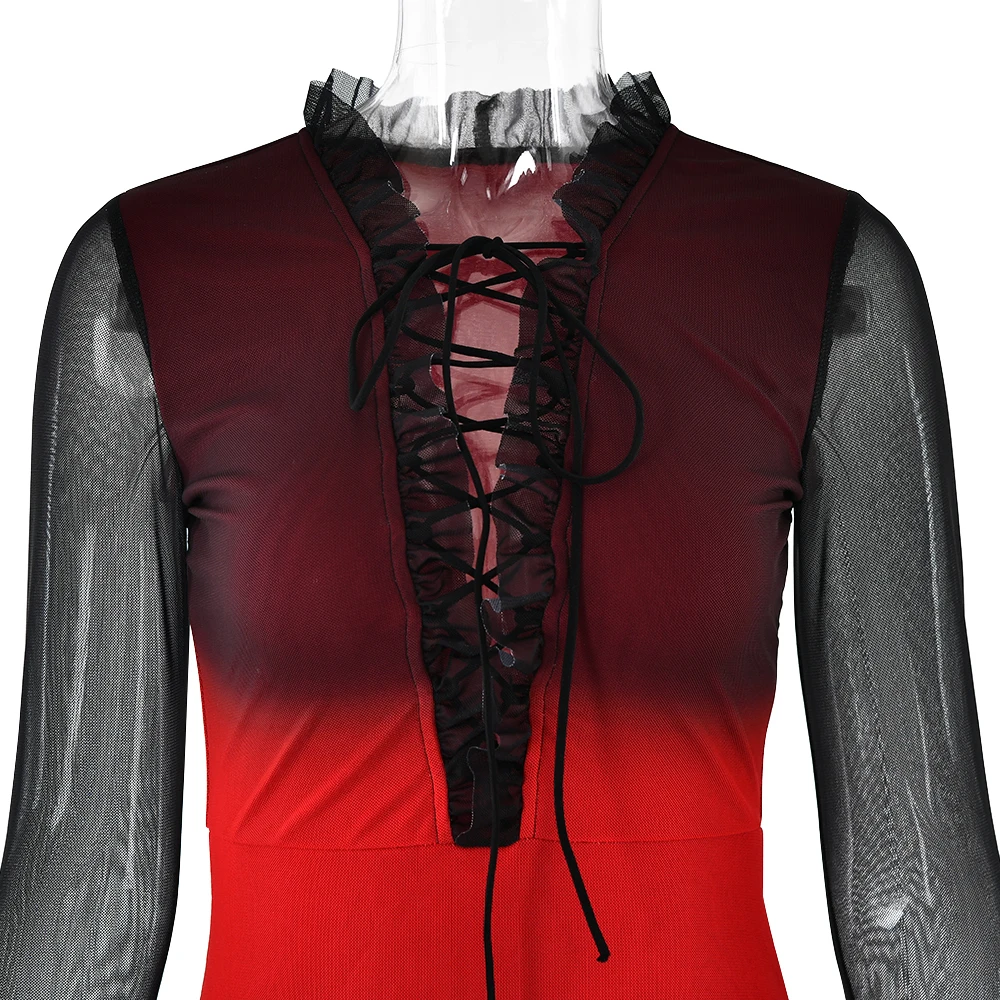 Elegant Long Sleeved Lace Up Elastic Tight Tie Dye Gradient Women Evening Dress Bodycon Sexy Female Dress Party Vestido