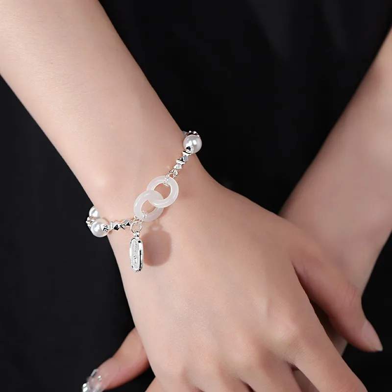 925 Sterling Silver Hetian Jade Broken Silver Bracelet Women's Niche Design Light Luxury Exquisite Simple Boudoir Hand Jewelry