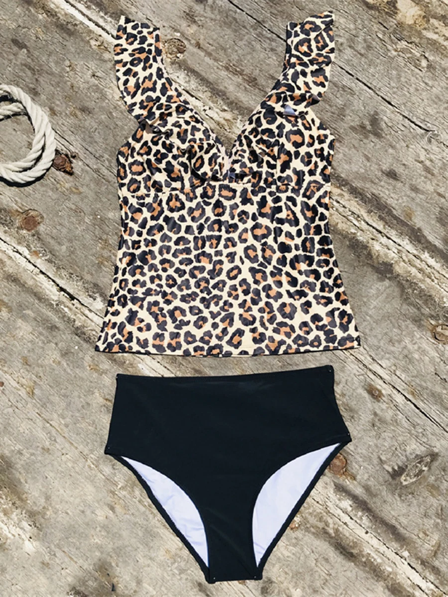 Leopard Ruffle Swimsuit Two Piece Tankini Women V Neck Swimwear Female Sexy Bathing Swimming Suit Beachwear