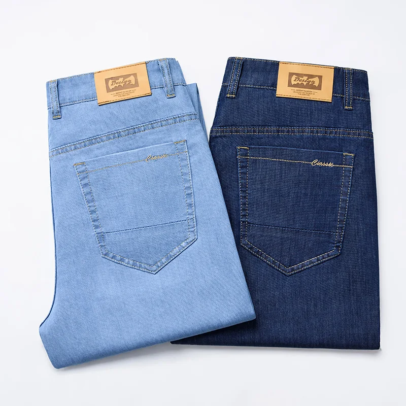 

Men's Jeans Summer Clothing Straight Stretch Denim Pants High Waist Fit Retro Light Blue Jeans Lightweight Denim Trousers Male