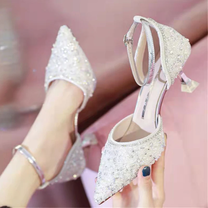 Rimocy Bling Shiny Women Pumps 2022 New Ankle Strap Crystal High Heels Shoes Woman Pointed Toe Thin Heel Wedding Party Shoes