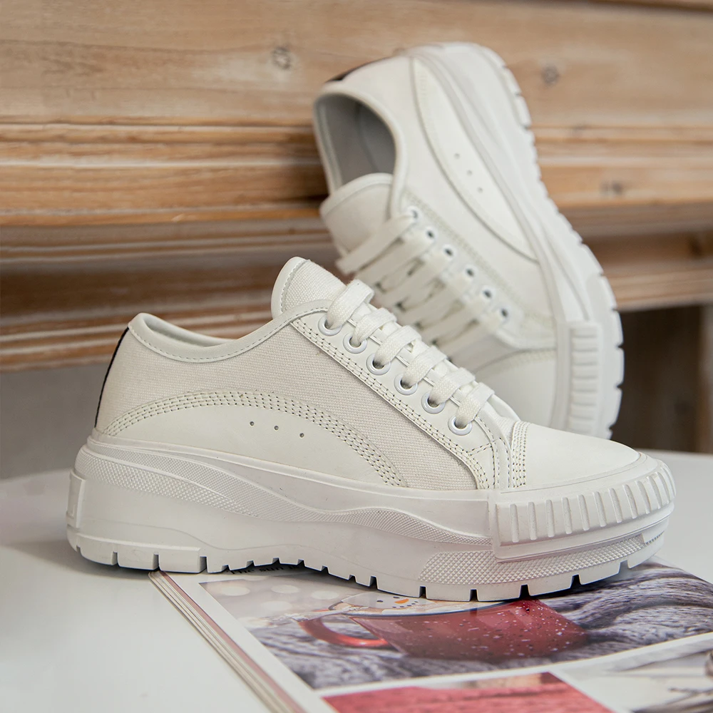 

Breathable Cow Hide Leather Sneakers Women Shoes Lace-up Loafers Platform Pumps White Shoes for Ladies