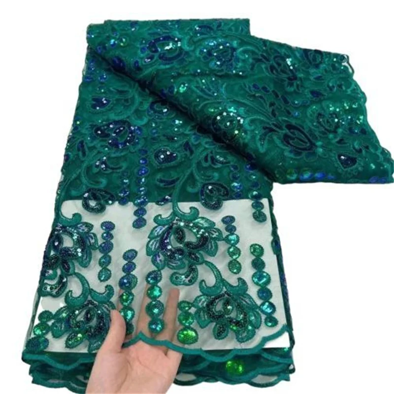 

Green 2022 Latest Luxury African Mesh 5Yards With Sequins Tulle Lace Fabric For Party Wedding Bride Lace Fabric Dress J99-7
