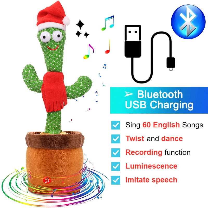 Bluetooth Dancing Cactus Repeat What You Said Usb Charging Voice Record Toy Speaker Talking Plushie Stuffed Toys for Kids Gift 