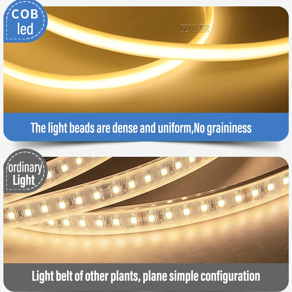 COB LED Strip 220V Switch/Dimmable Power EU Plug 360LEDs/m 3000k 6000k RA90 Outdoor Garden FOB LED Tape Bedroom Kitchen Lighting 4