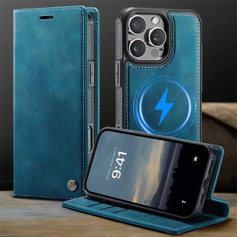 Magnetic PU Leather Flip Card Wallet Phone Case with Magsafe Wireless Charging Cover
