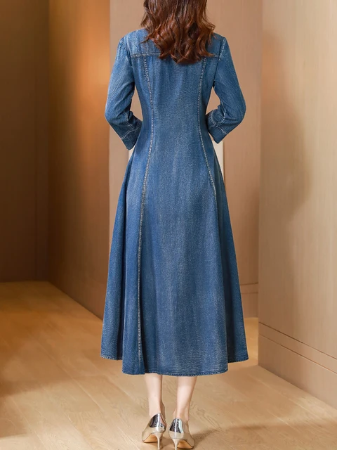 فستان TIYIHAILEY طويل منتصف الساق من قماش الدنيم بصدر واحد للنساء، فستان مطرز على الطراز الصيني، عتيق، خريف، جديد، 2025، M-4X 2