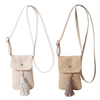 Borsa per cellulare piccola con nappe in paglia intrecciata da spiaggia per portafoglio da donna con tracolla a tracolla alla 1