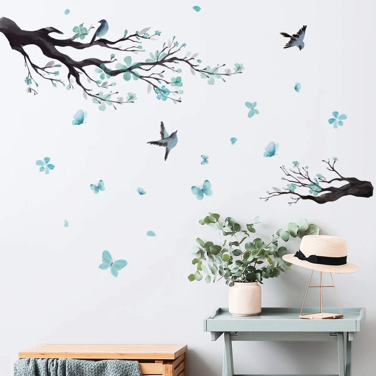 2pcs Creative Branch Bird Petal Cartoon Wall Stickers Living Room Bedroom Study Dining Room Decorative Pvc Wall Stickers Ms8357