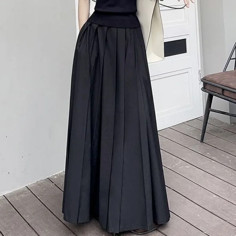 TFETTERS Black Maxi Skirt 2024 Spring/Summer New Pocket Low Waist Long Skirts Fashion Retro Casual Pleated Skirts for Women
