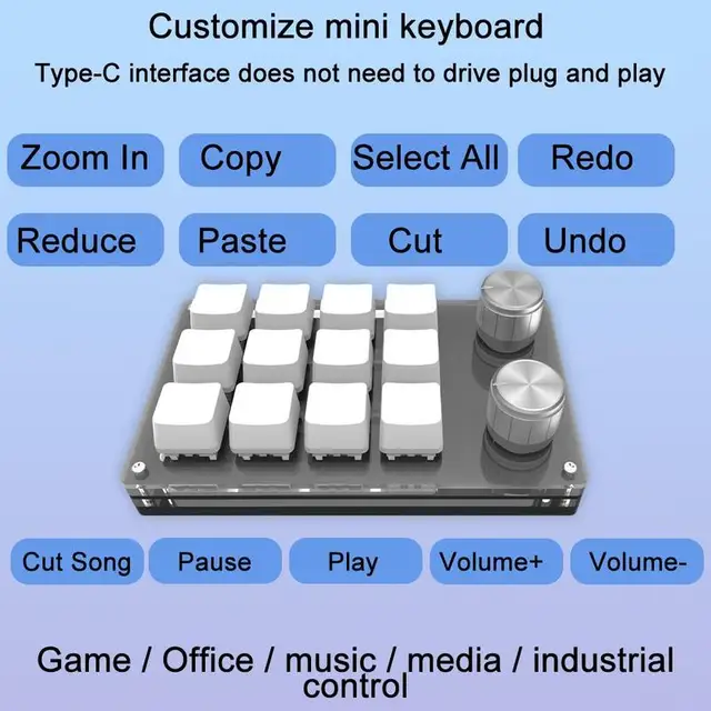 Mini teclado programável teclas, concha de acrílico, teclado para jogos sem  fio, portátil, fácil de instalar, interface tipo C, modo, sem receptor