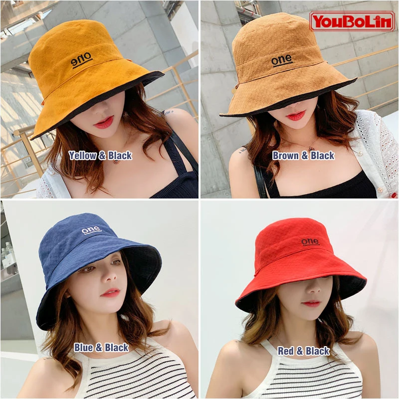 Womens ‘ONE‘ Letter Embroidery Double-Sided Cotton Bucket Hat S6a057dc9fc5843689a144662e51cd6a2Q