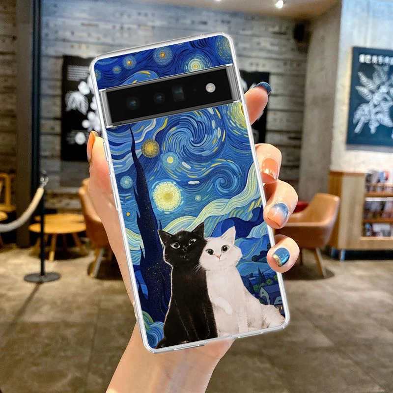 Clear Soft TPU Phone Case - Gogh at Night Cat Design