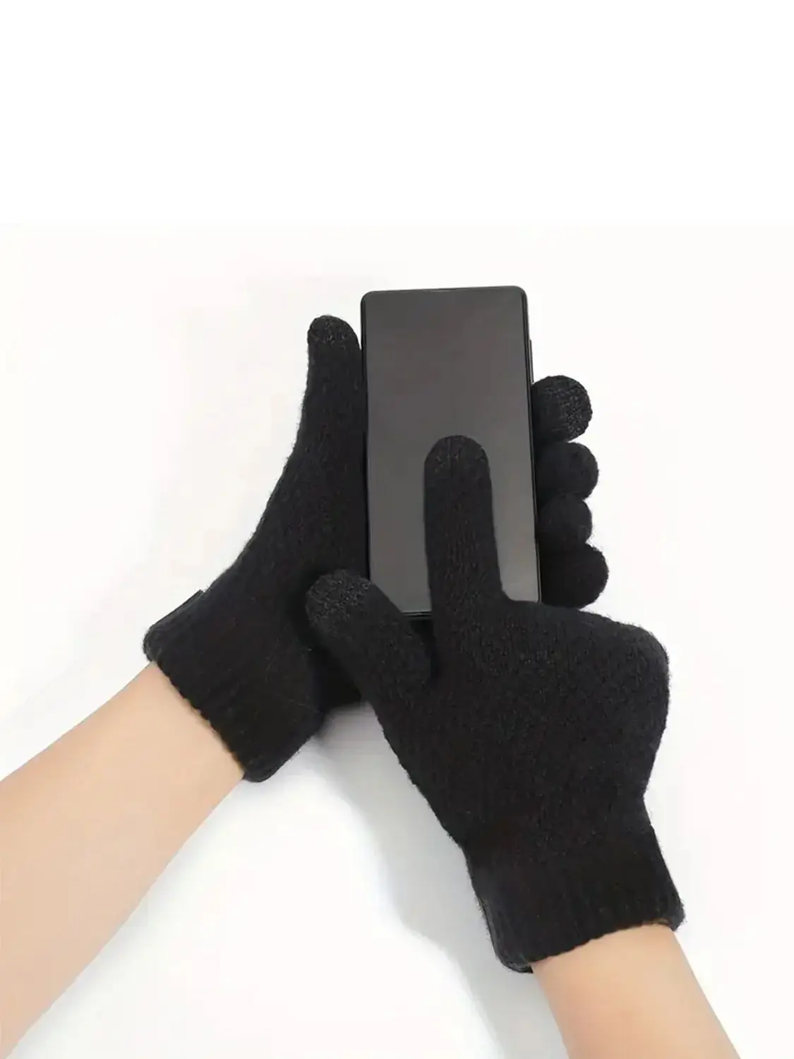 1pair Men Black Winter Double Layer Plus Velvet Thickened Knitted Gloves Outdoor Touch Screen Warm Full Finger Gloves