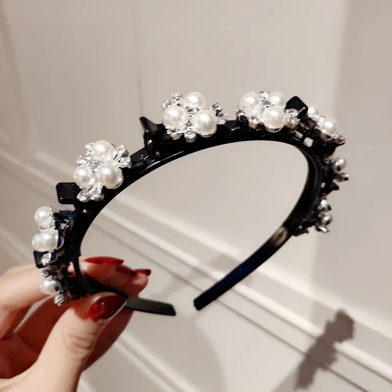 더블 레이어 밴드 클립 머리띠, 플라스틱 땋은 머리띠, 펑크 뜨게, 여성용 머리띠, 헤어 액세서리, 진주 패션