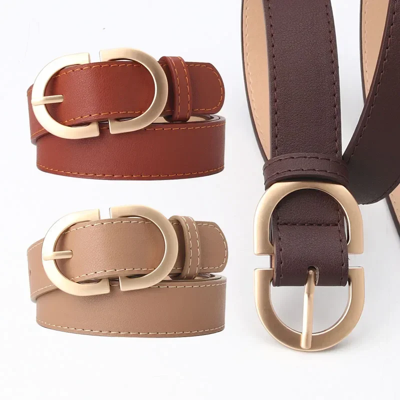 

New Thin Female Circle Buckles Belt Deduction Side Gold Buckle Jeans Women Girls Ring Buckle Leather Waist Belt