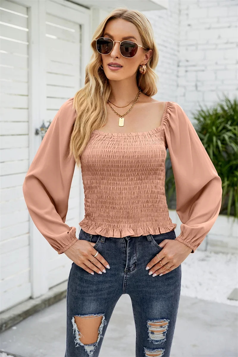 2023 Autumn Elastic Stretch Fabrics Slim Chiffon Shirt Women Elegant Square Neck Pullover Chic Blouse Casual Bubble Sleeve Tops