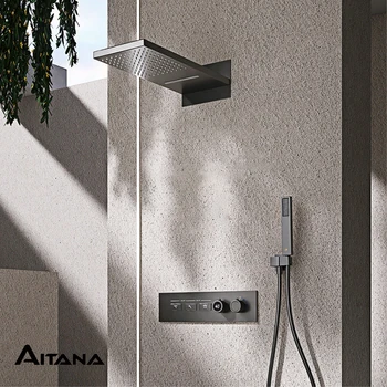 ระบบฝักบัวอาบน้ำทองเหลืองจอแสดงผลดิจิตอลอัจฉริยะสุดหรูการออกแบบติดผนังสีดำการควบคุมคู่ของก๊อกน้ำในห้องน้ำที่เย็นและร้อน 1