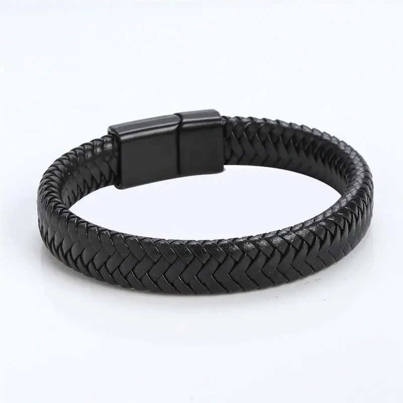 Fashion Punk Men Jewelry Black Braided Leather Bracelet Stainless Steel Magnetic Clasp Fashion Bangles 18.5/22/20.5cm