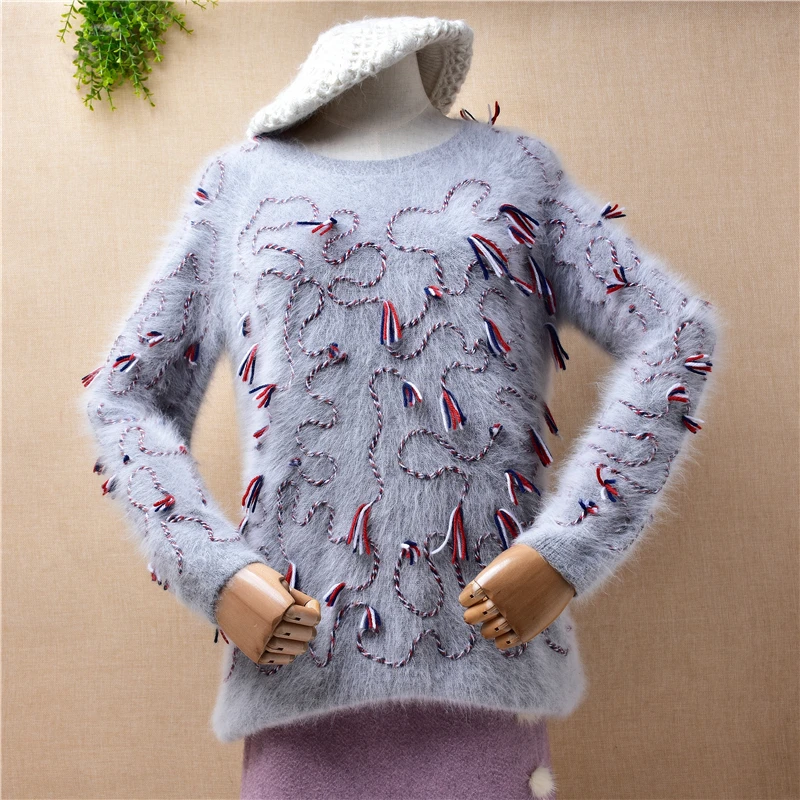 

ladies women autumn winter clothing mink cashmere knitted o-neck embroidery tassel long sleeves o-neck slim blouses sweater pull
