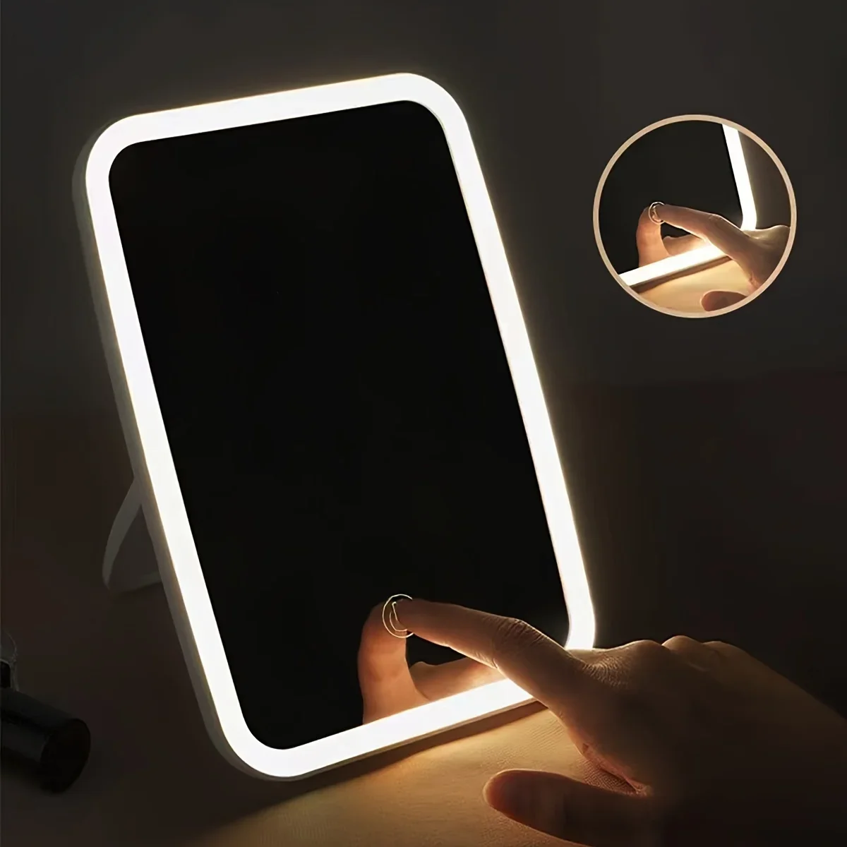 Portable LED Makeup Mirror Touch Sensor 3 Light Modes Adjustable Brightness Warm White Compact for Travel Sleek Design