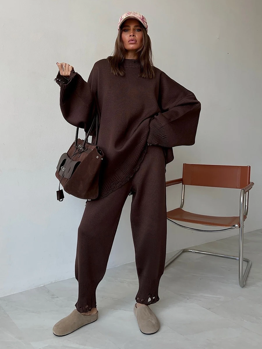 Two Piece Ripped Set Women Knit Tracksuits O Neck Long Sleeve Casual Baggy Sweatshirts+ Joggers Pants Outfits 2025 Fall Winter 5