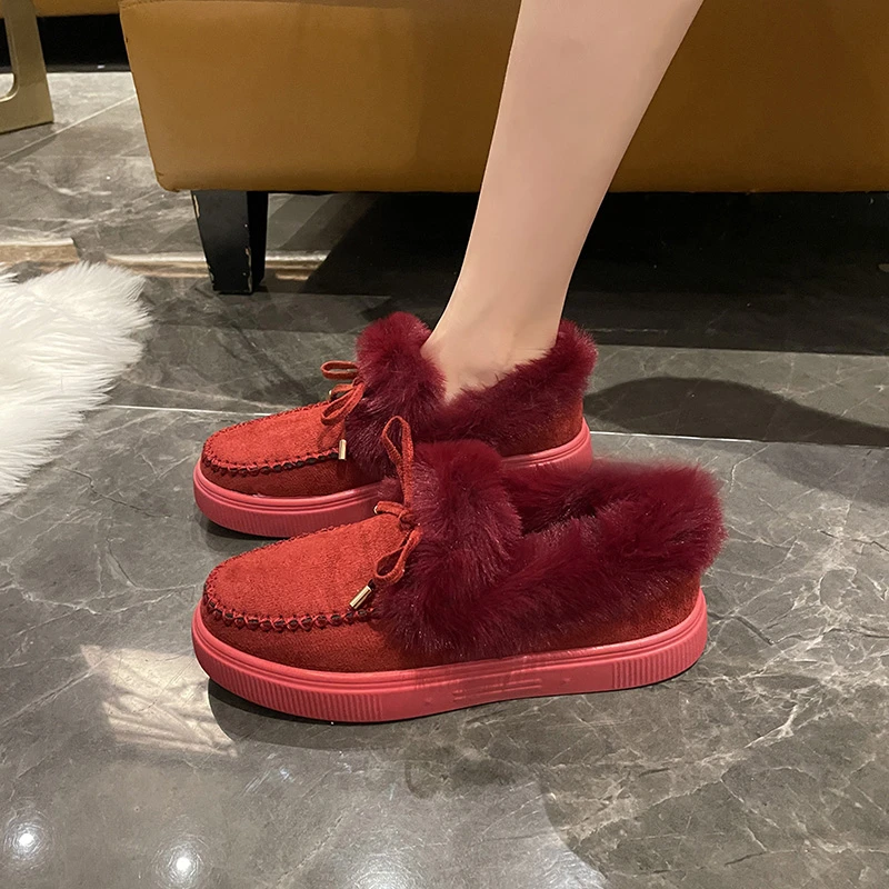 Women Winter Ankle Boots Suede Leather Snow Boots Plush Natural Fur Warm Slip-on Ladies Shoes Flats Platform Boots Large size 43