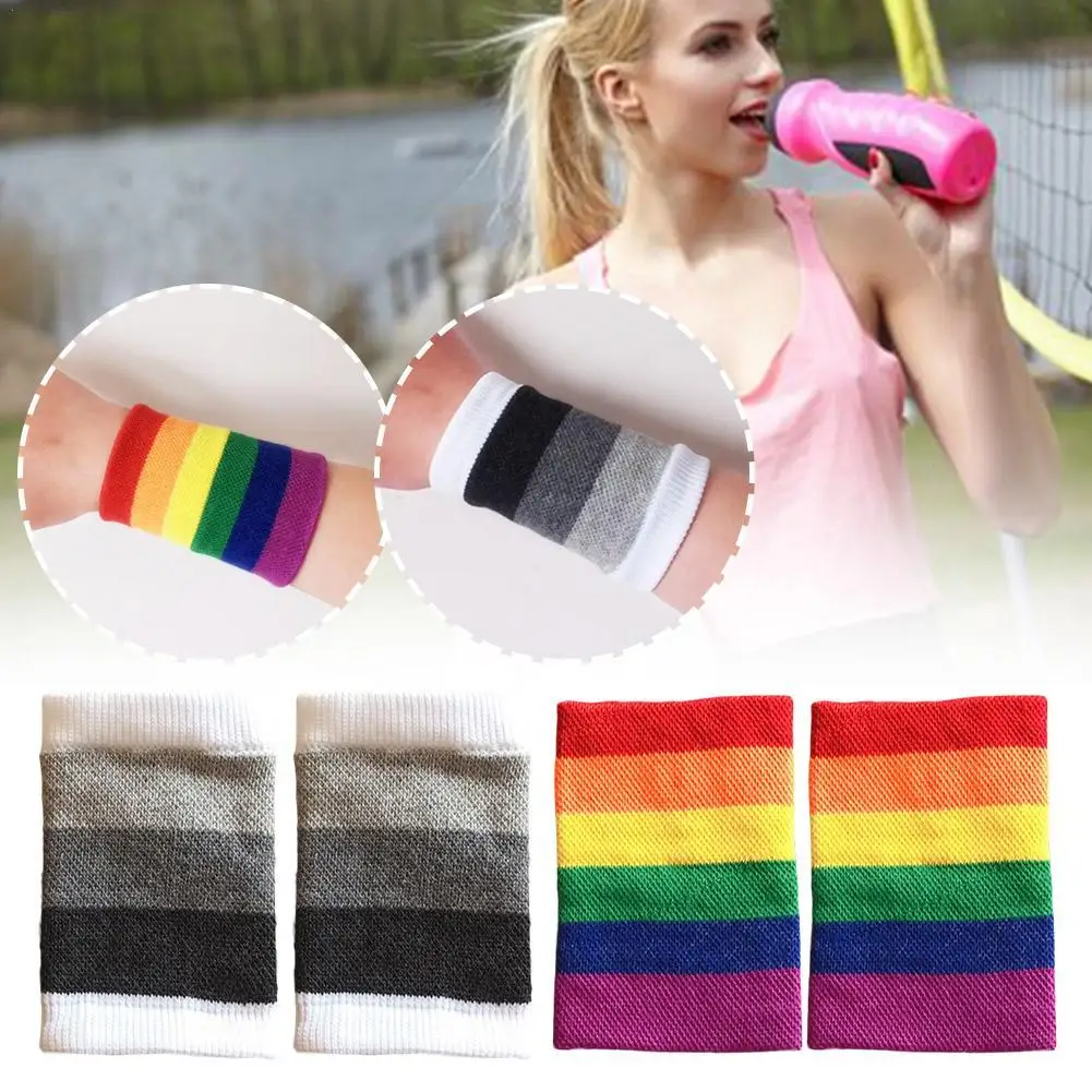 

1 Pair Rainbow Wrist Bands Sport Sweatband Hand Band Sweat Wrist Support Brace Wraps Guards Stretch Headband Hair Band Sweatband