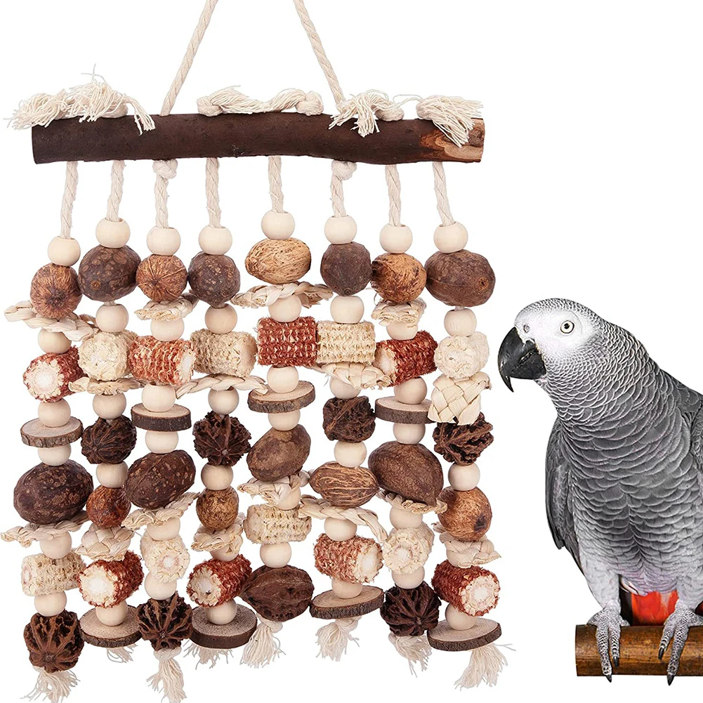 

Parrot Hanging Chewing Toys Natural Wooden Blocks Corn Cob Nuts Bird Cage Accessories for Relieve Boredom Dropship