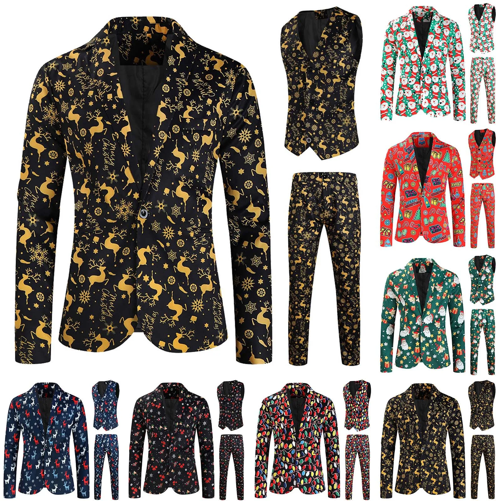 2023 Autumn Winter Mens Blazer Coat Christmas Day Four Seasons Digital Printing Suit Vest Trousers Suit Christmas 3 Piece Suit