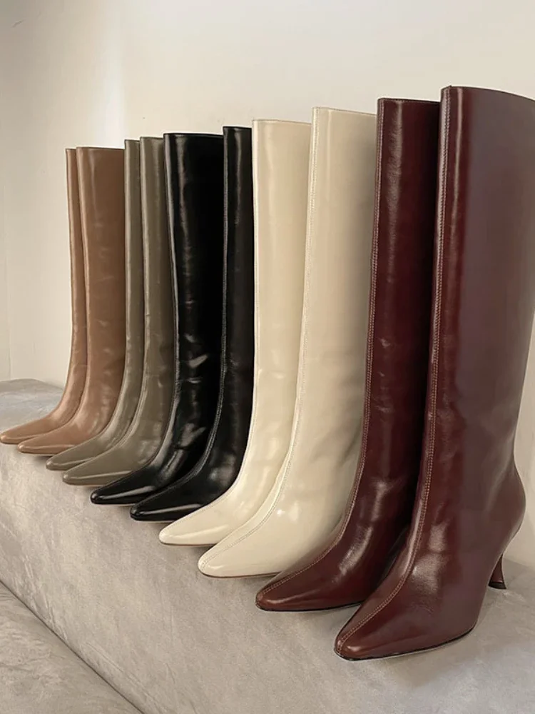 

Luxury Brand BF Women's Horse Boots Height 8.5cm French Vintage Pointy Heel Boots Leather Mid-calf Boots Fashion Boots