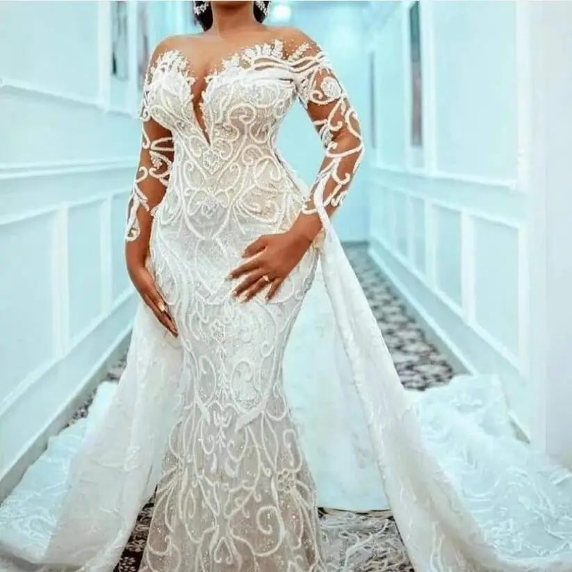 

Arabic Dubai Appliques Beads Mermaid Wedding Dress Vestido De Noiva Sereia Africa Long Sleeves Detachable Train Bridal Gowns