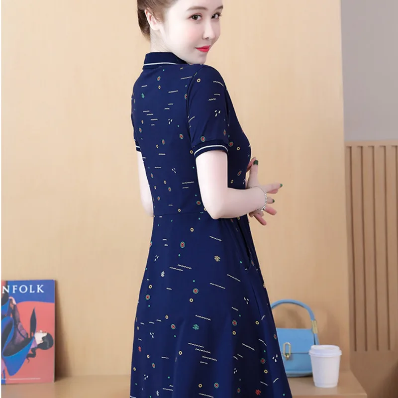 원피스 폴로 넥 얇은 반팔 티셔츠, 하이웨이스트 원피스, 블랙 블루 물방울 무늬 프린트, A 라인, 하라주쿠, 여름, 6447