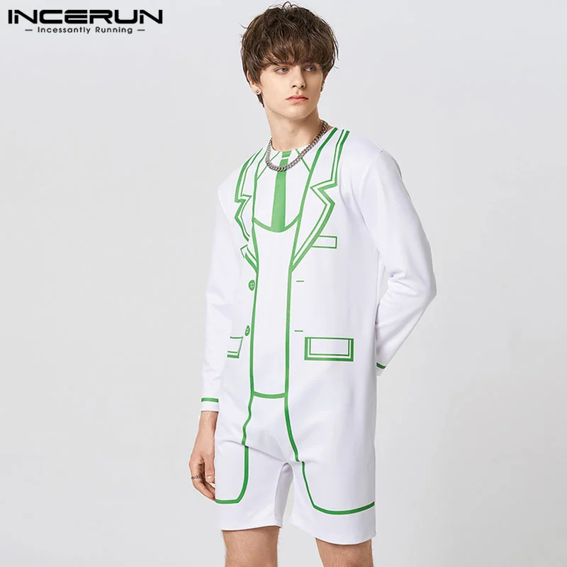 

Handsome Well Fitting Bodysuit INCERUN Men's Simulation Line Jumpsuit Stylish Color Contrast Printed Long-sleeved Rompers S-5XL