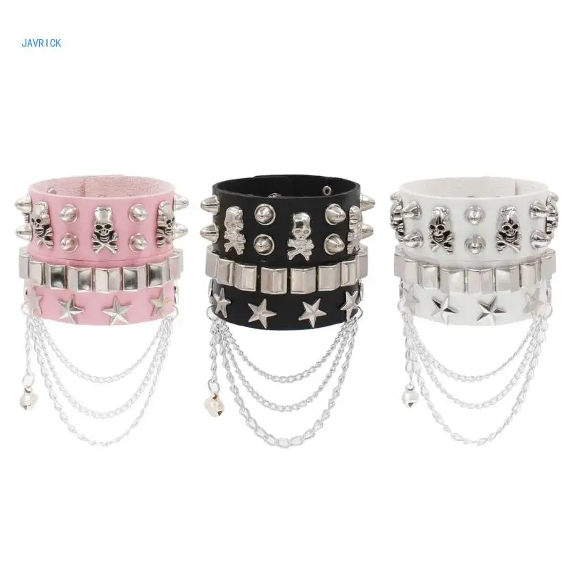 

2Pcs Multilayered Alloy PU Bracelet Gothic Skeleton Rivet Star Chain