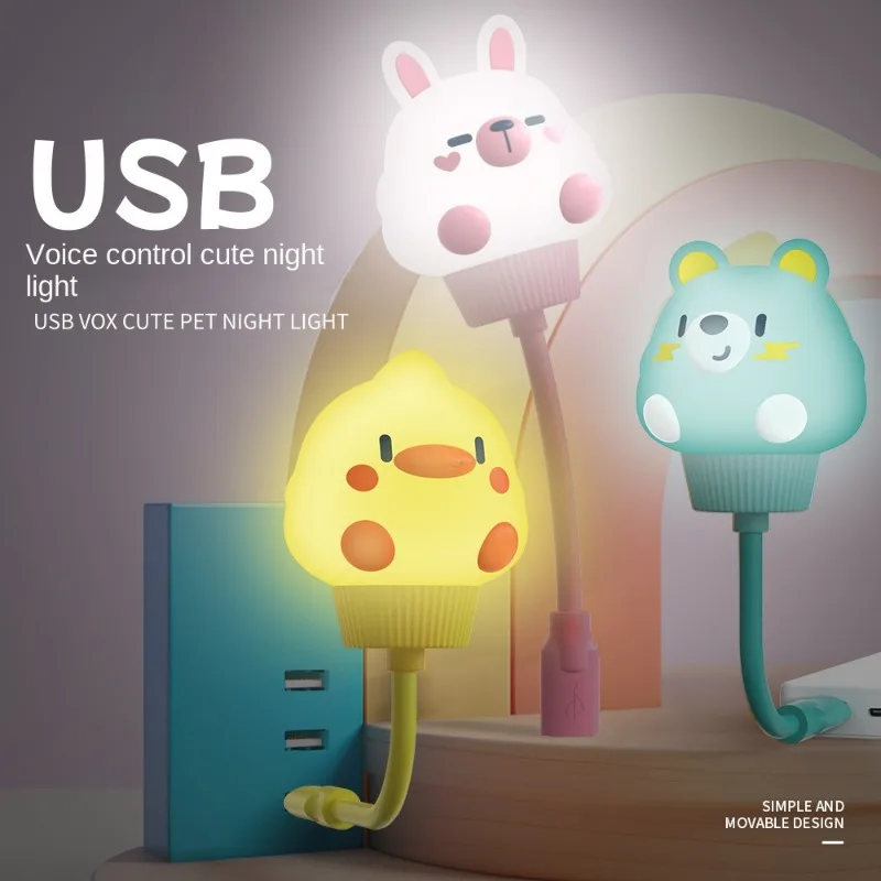 

Cute Cartoon Duck Rabbit Bear USB Voice-activated Night Light Portable Hose To Adjust The Bedroom Atmosphere Lights on Time