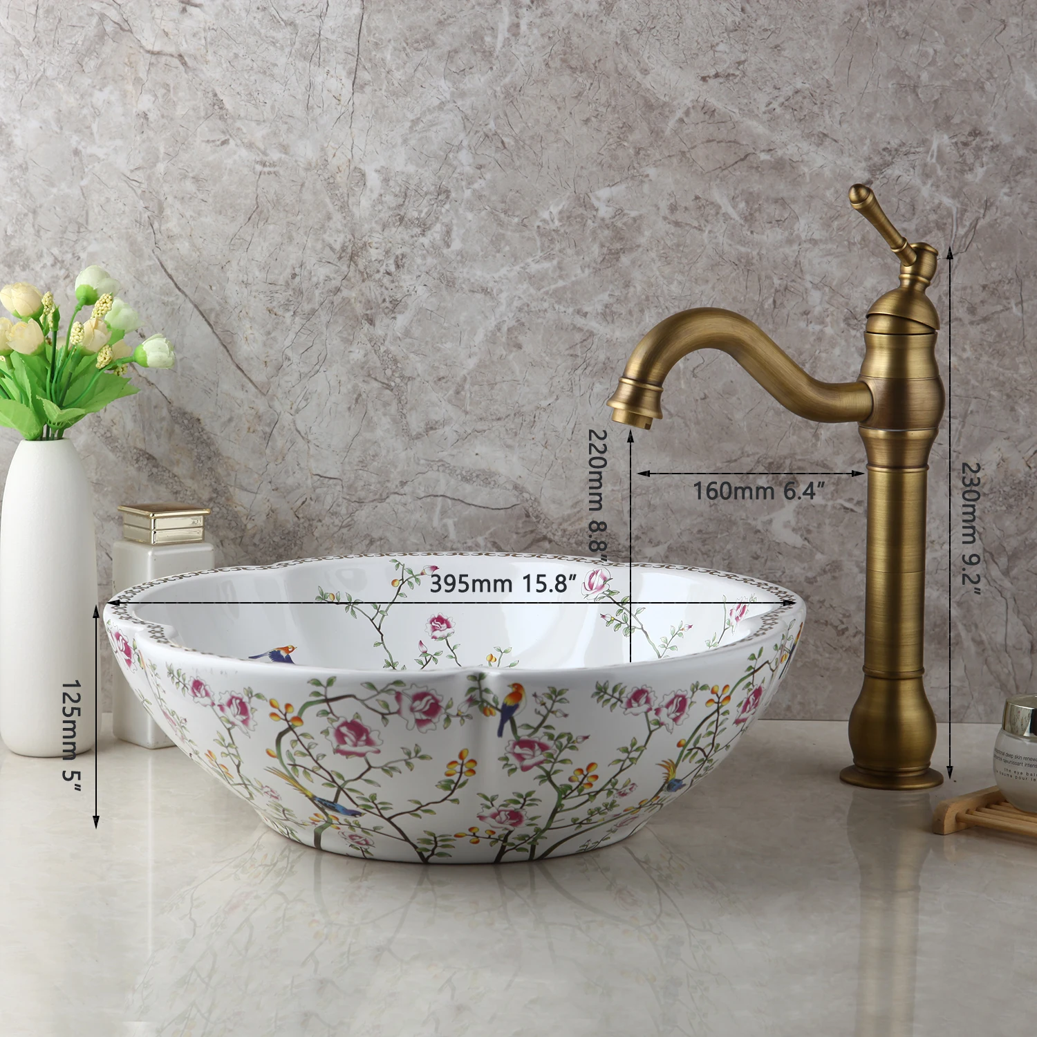 ZAPPO Above Counter Ceramic Vessel Sink For Bathroom Round Petal Shaped Flower & Bird Pattern Wash Basin Bowl Sinks With Faucet bathroom sink bathroom faucet set
