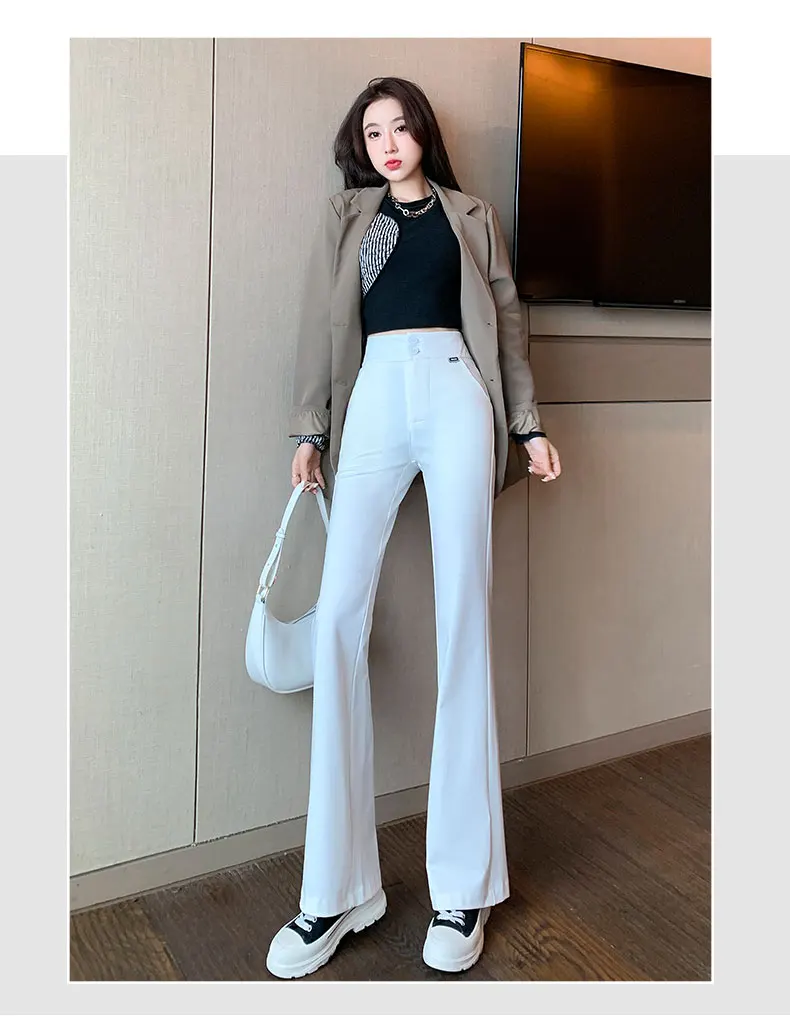 trousers for women YUANYUANJYCO Fashion Office Lady Flannel Flare Pants Women Spring Autumn High Waist Buttons Slim Black White Long Trousers Woman trousers for women