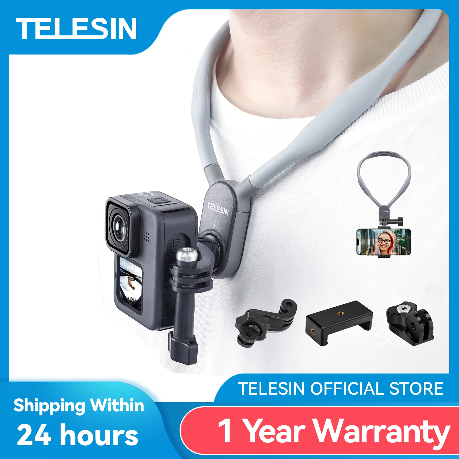 TELESIN-Support de cou mains libres, sangle de lanière de montage pour GoPro  fore12 11 10 9 8 Osmo Action 4 Insta360 Smartphone et appareil photo promp  ket