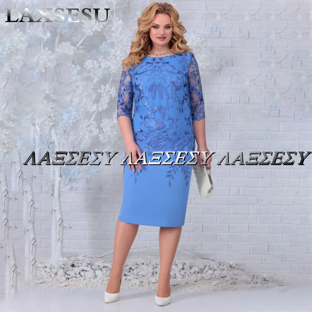 Mother Bride Dresses Furtanseo Pink Tea Length Appliques 4/3 Sleeves Sheer Neck Satin Plus Size