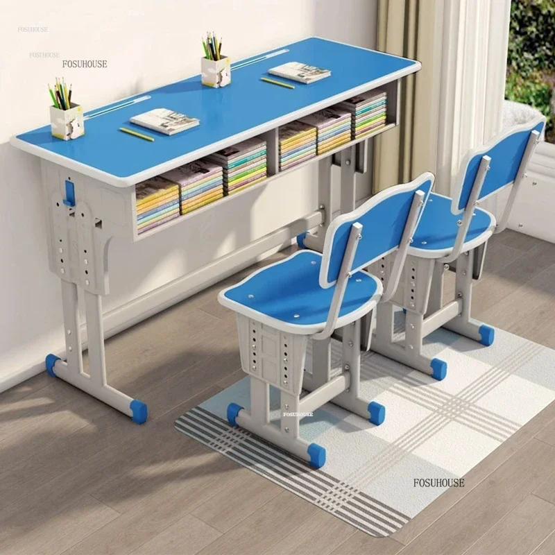 Children Tables Chairs School Remedial Class Desks Home Children Study Table with Bookshelf Double Student Writing Desk Set