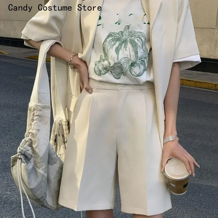 2 Piece Women Casual Office Ladies Suits Korean Loose Short Set With Blazer Summer Thin Short-sleeved Blazers + Shorts