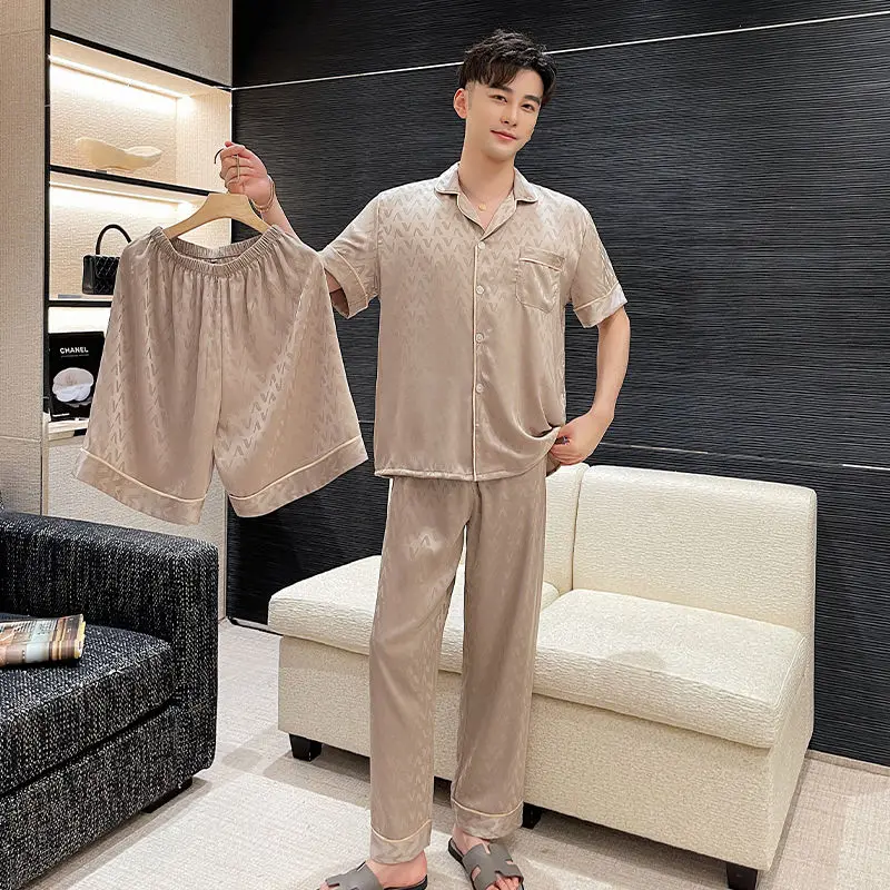 Ice Silk Pajamas Men Three Pieces Suit Short Sleeve Long Pants Shorts Sleepwear Summer Loungewear Luxury Brand Lounge Set