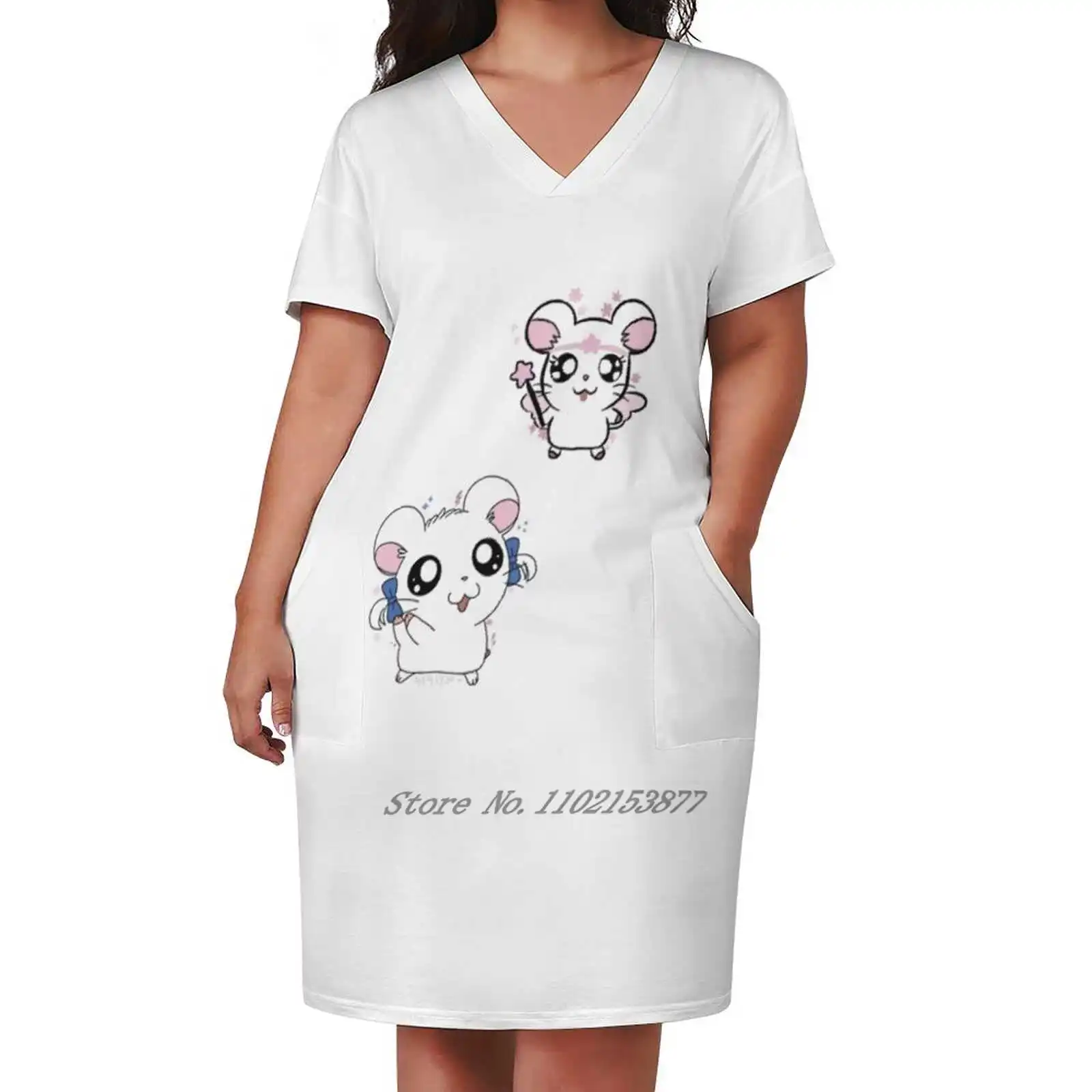 

Bejou Hamtaro Loose Pocket Dress Women'S Printed Dresses V Neck Casual Dress New Design Hamtaro Japan Hamster Kawaii Anime
