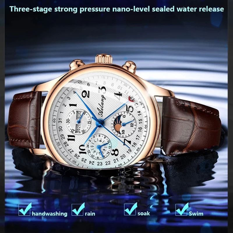 AILANG New Business Mens Mechanical Watches Top Brand Luxury Leather Waterproof Week Calendar Moon Phase Automatic Watch for Men