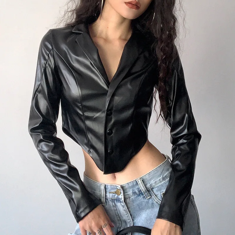 

Womens Lapel Collar Long Sleeves Black PU Leather Blazer Slim Fit Tops Outwear