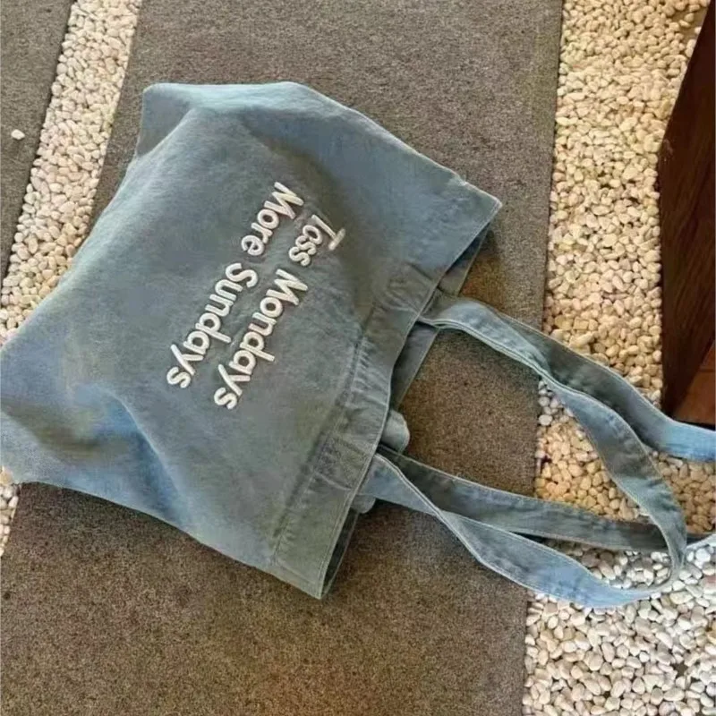 JIAERDI Retro Denim Letter Embroidered Canvas Bag Women Large Capacity Y2k Shoulder Bags Ladies Portable Casual Shopping Handbag