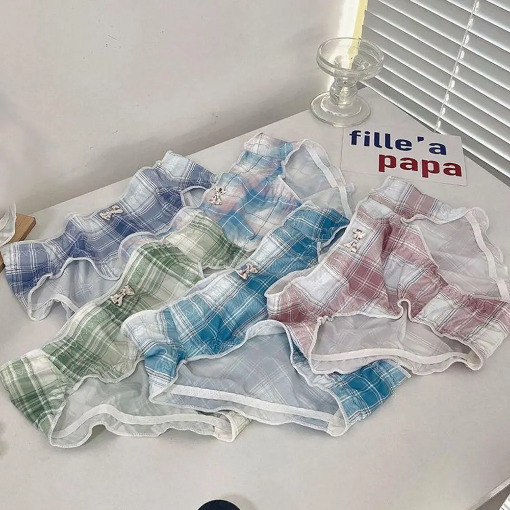 

Minimalist Girl Nylon Plaid Pattern Antibacterial Women Underwear Female Underpant Japanese Style Panties Mid-Waist Briefs